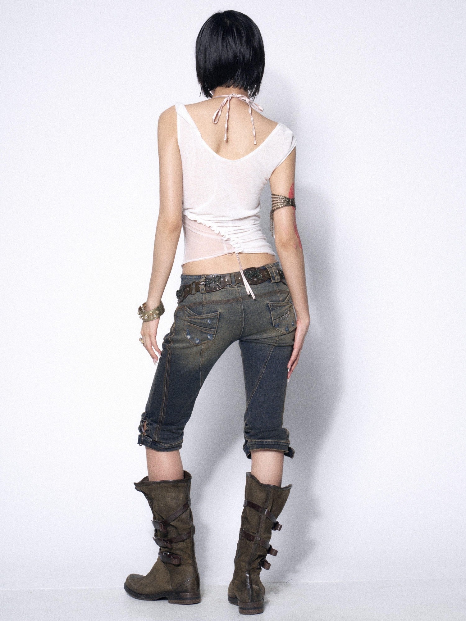 OPEN AESTHETIC Sexy Rhinestone Lace Halter Tie Front Cropped Women&