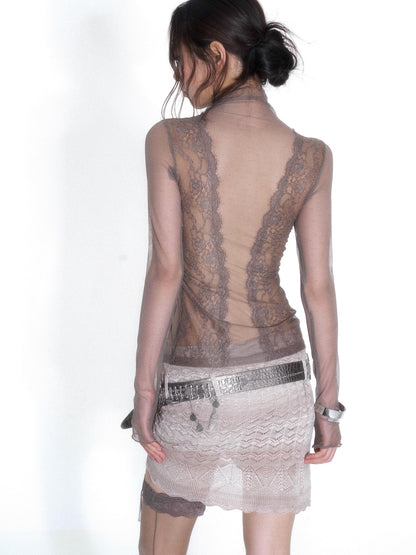 OPEN AESTHETIC Sexy Rhinestone Studded Turtleneck Long Sleeve Sheer Mesh Women&