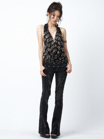 OPEN AESTHETIC Sexy Sequined Studded V-neck Striped Women&