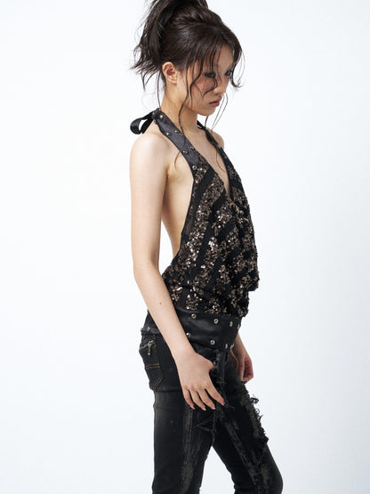 OPEN AESTHETIC Sexy Sequined Studded V-neck Striped Women&