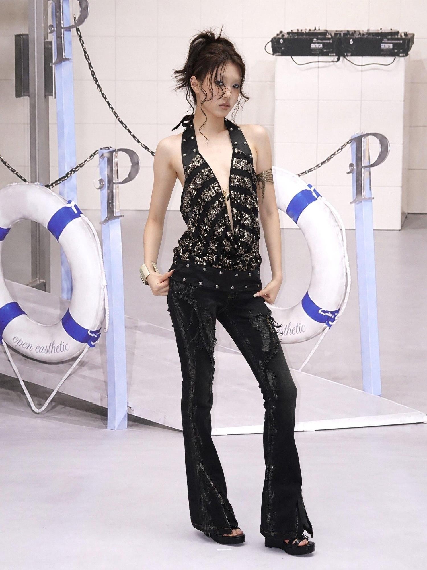 OPEN AESTHETIC Sexy Sequined Studded V-neck Striped Women&