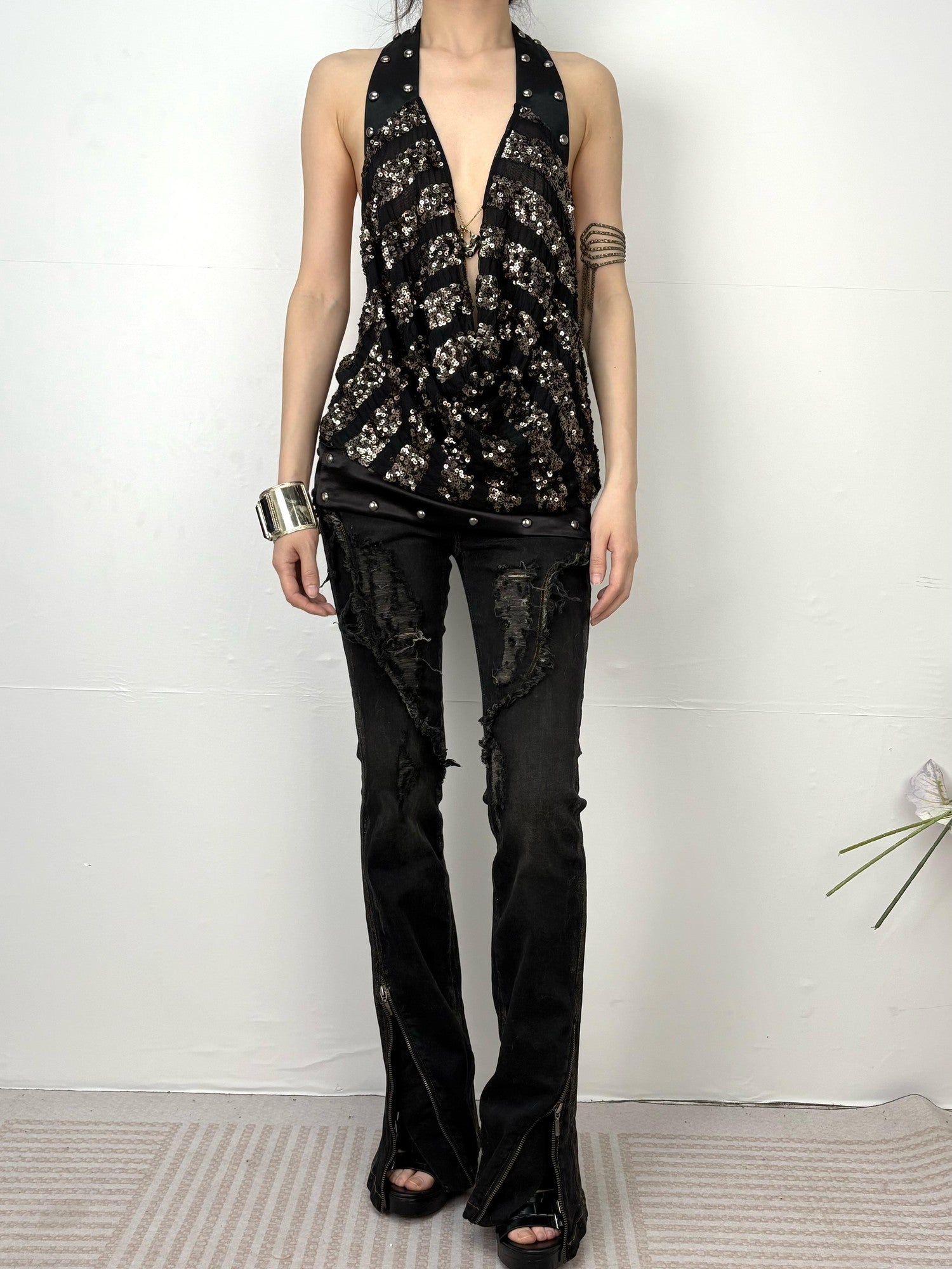 OPEN AESTHETIC Sexy Sequined Studded V-neck Striped Women&