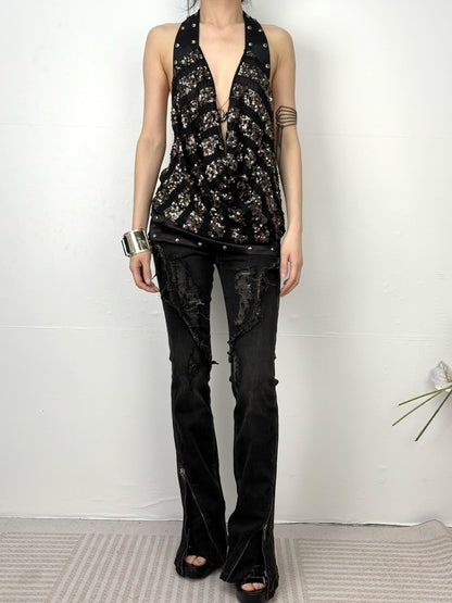 OPEN AESTHETIC Sexy Sequined Studded V-neck Striped Women&