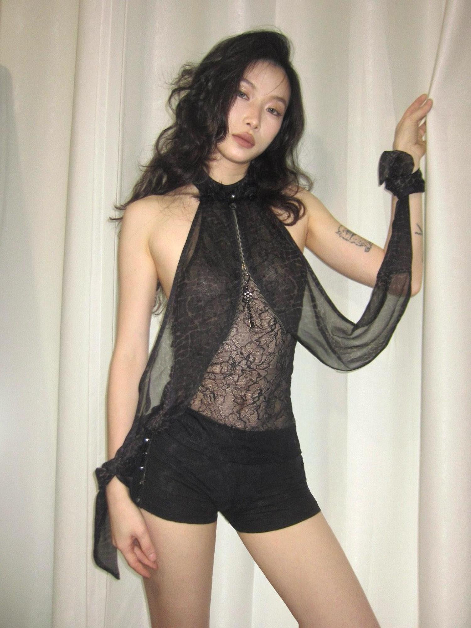 OPEN AESTHETIC Sheer Feather Print Stand Collar Zipper Pendant Women&