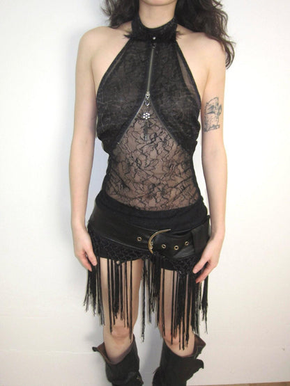 OPEN AESTHETIC Sheer Feather Print Stand Collar Zipper Pendant Women&