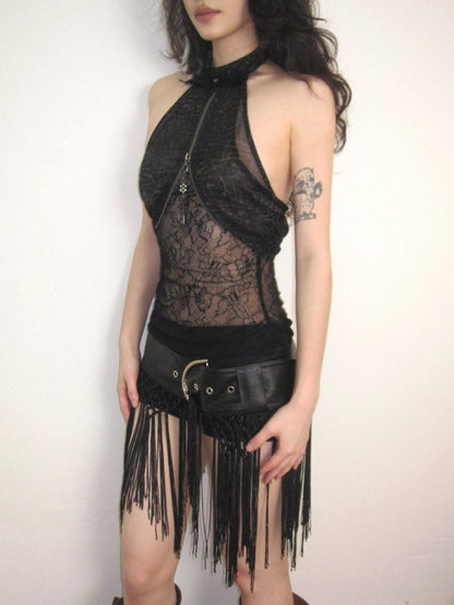 OPEN AESTHETIC Sheer Feather Print Stand Collar Zipper Pendant Women&