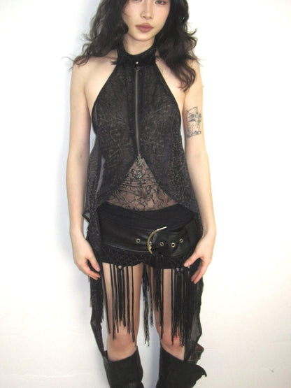 OPEN AESTHETIC Sheer Feather Print Stand Collar Zipper Pendant Women&