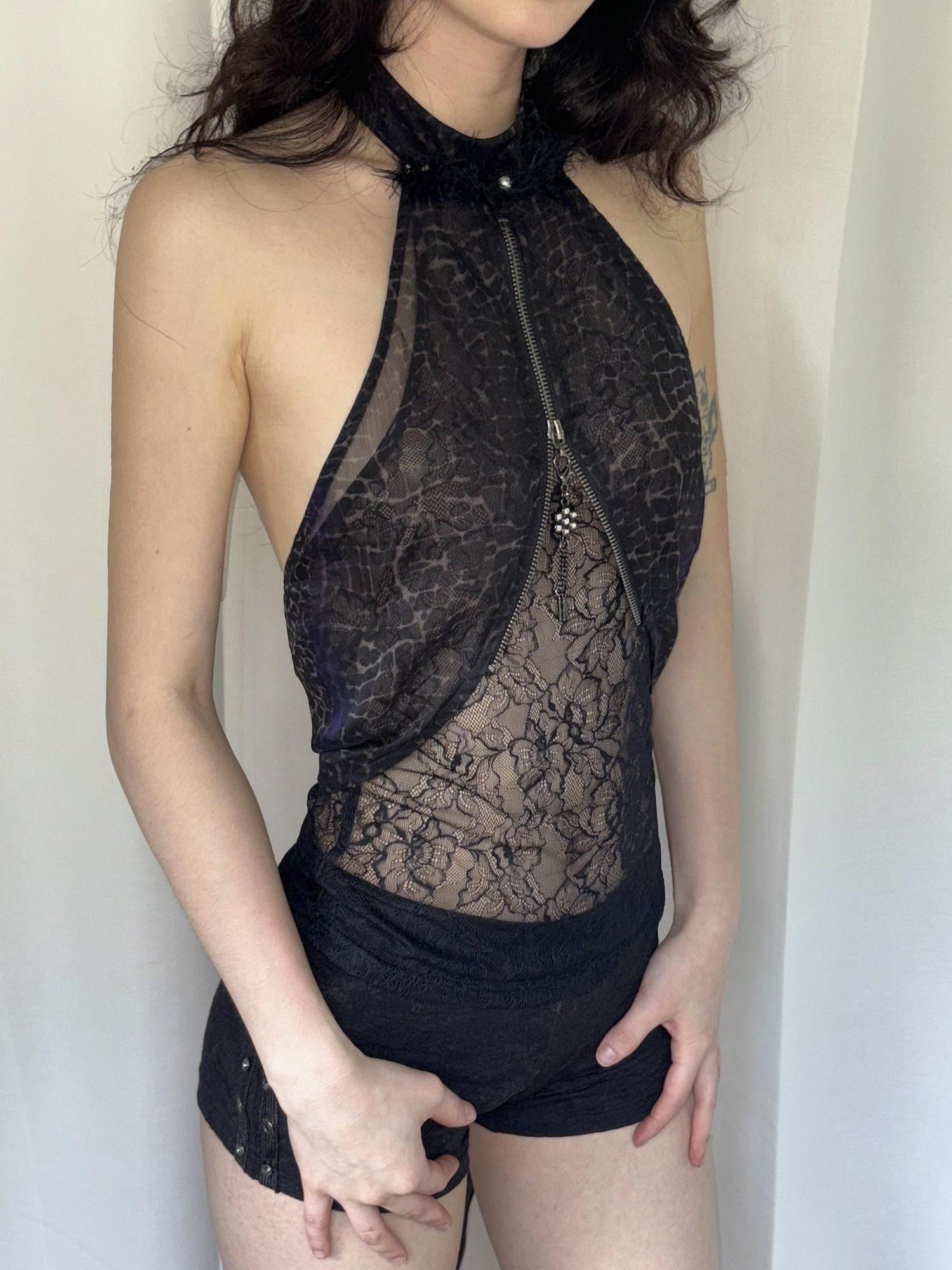 OPEN AESTHETIC Sheer Feather Print Stand Collar Zipper Pendant Women&