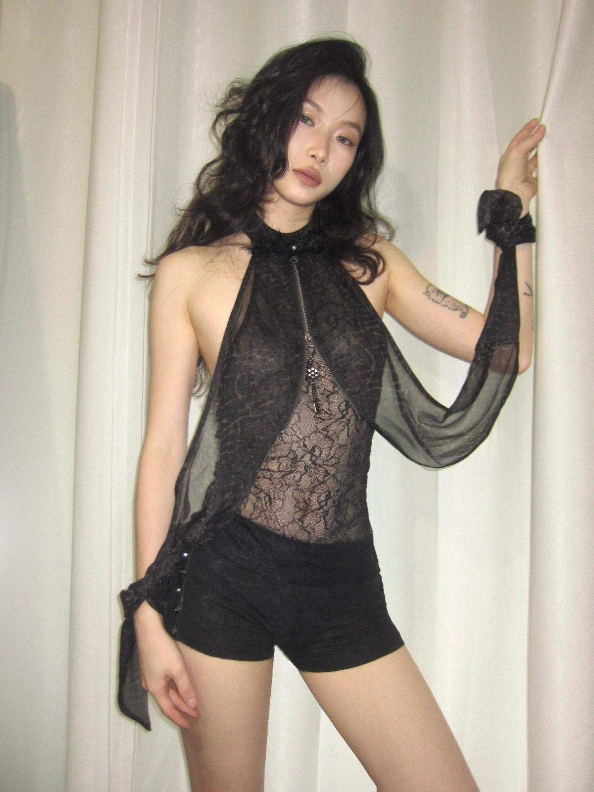 OPEN AESTHETIC Sheer Feather Print Stand Collar Zipper Pendant Women&