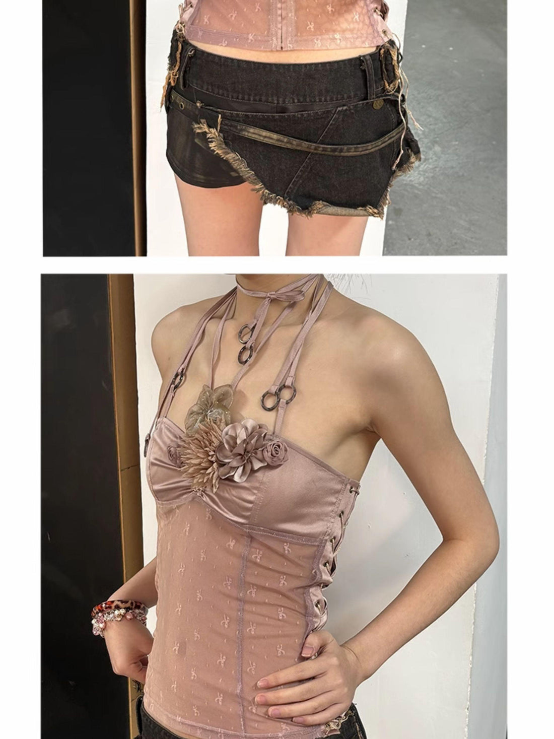 Update OPEN AESTHETIC Sheer Mesh Floral Embellished Adjustable Strap V Neck Top