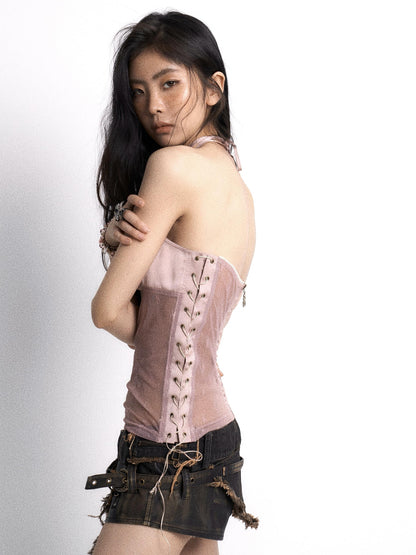 Update OPEN AESTHETIC Sheer Mesh Floral Embellished Adjustable Strap V Neck Top
