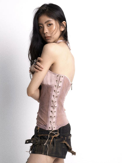 Sheer Mesh Floral Embellished Adjustable Strap V Neck Top
