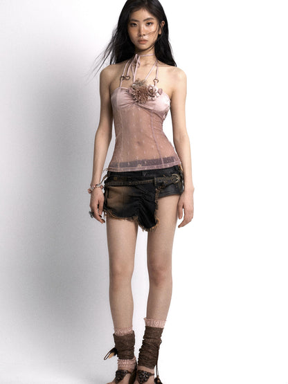 Update OPEN AESTHETIC Sheer Mesh Floral Embellished Adjustable Strap V Neck Top