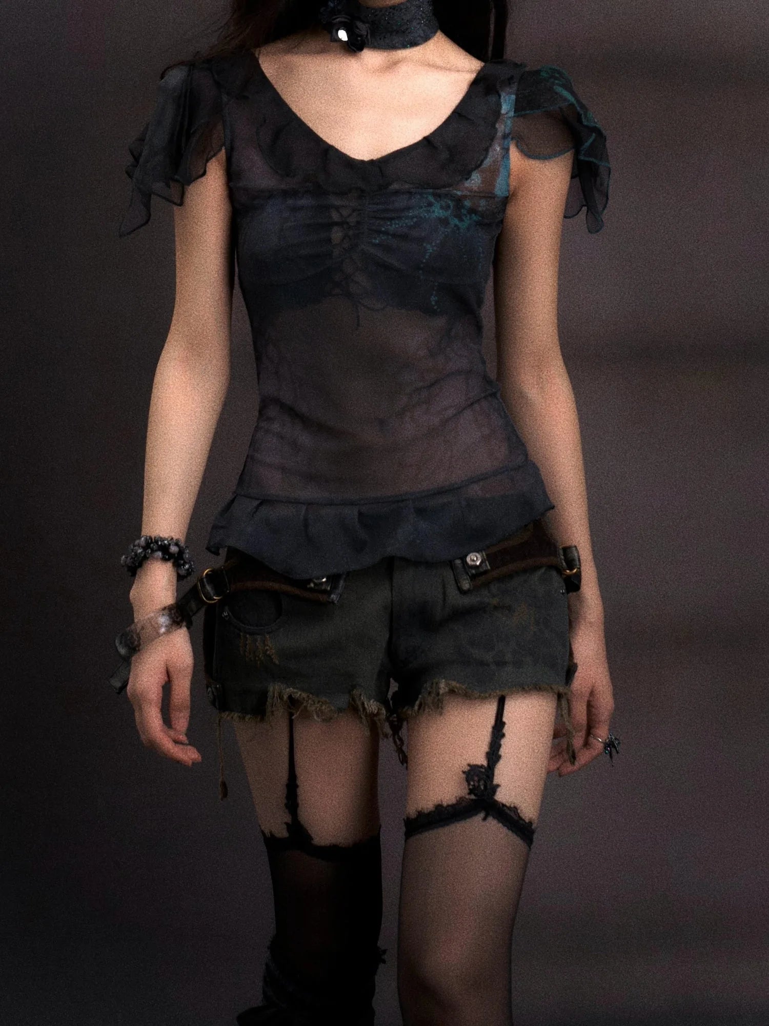 Sheer Mesh Knit Top With Floral Print Rhinestone Layered Collar