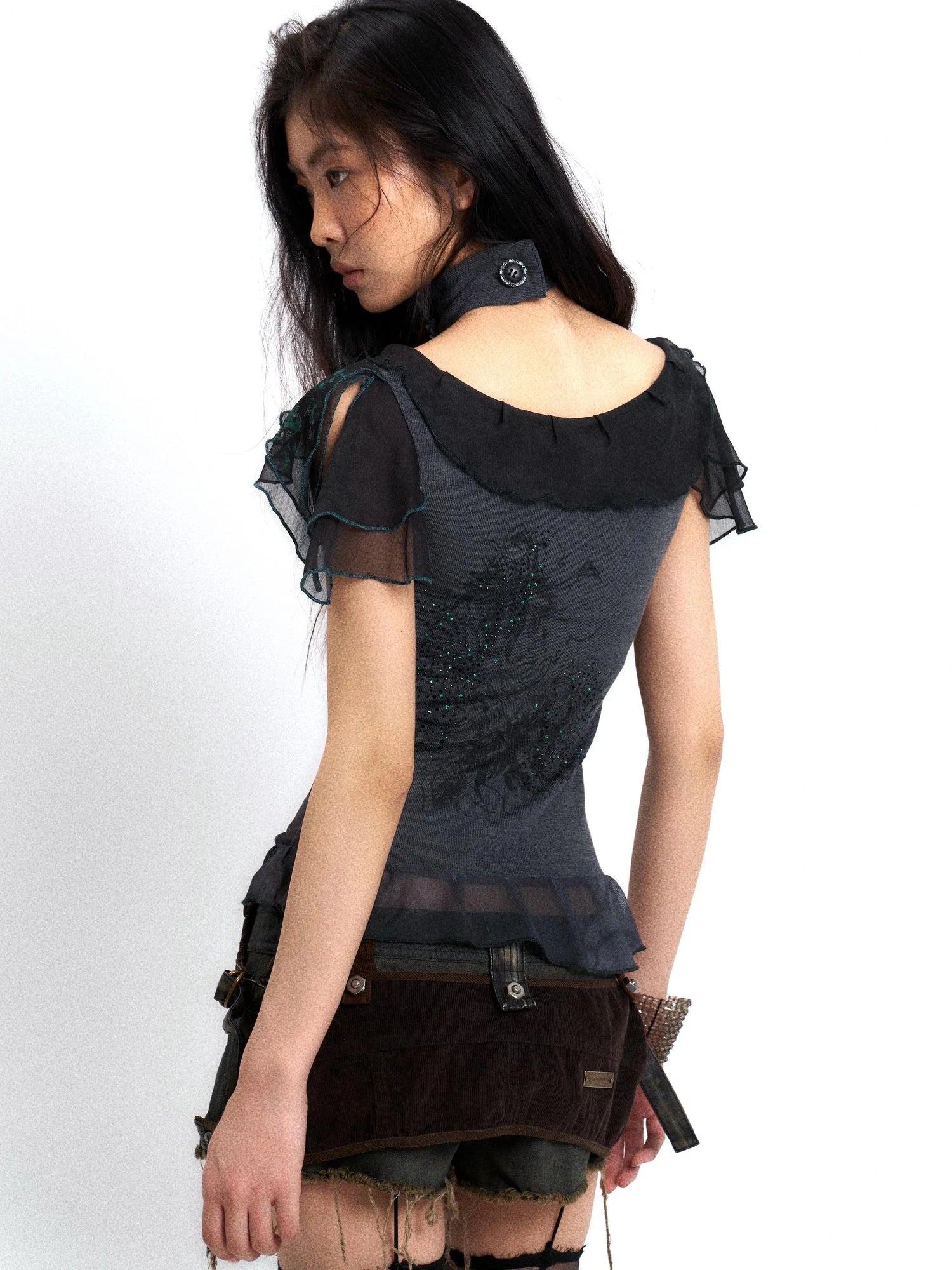 Sheer Mesh Knit Top With Floral Print Rhinestone Layered Collar