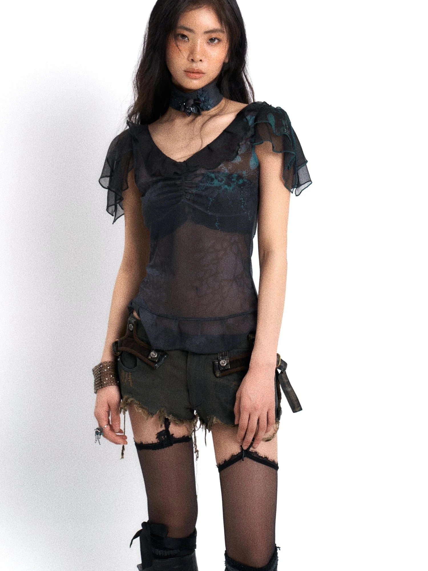 Sheer Mesh Knit Top With Floral Print Rhinestone Layered Collar