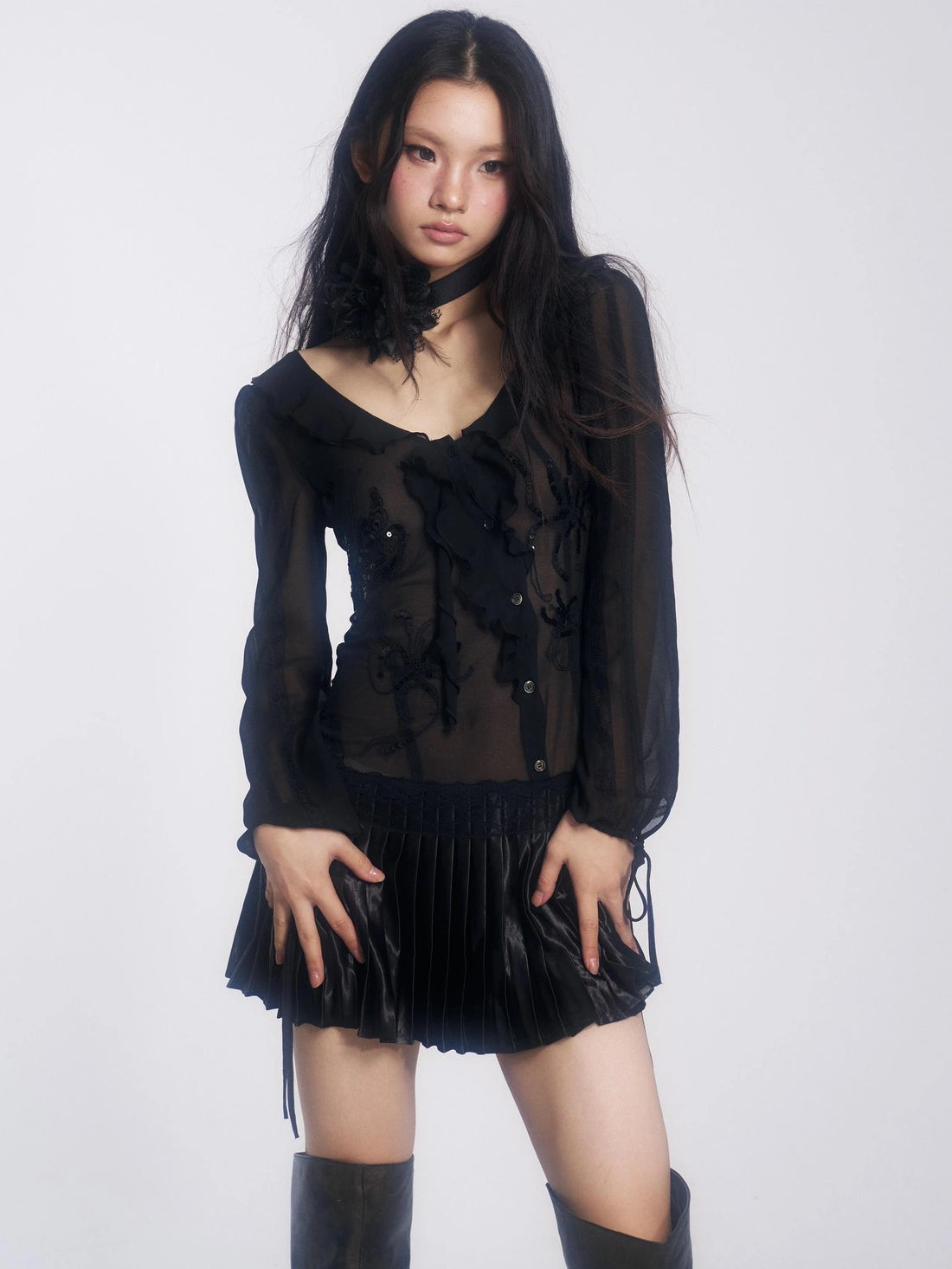 OPEN AESTHETIC Shimmer Sequin Embroidered Chiffon Short Sleeve Vintage Black Women Dresses