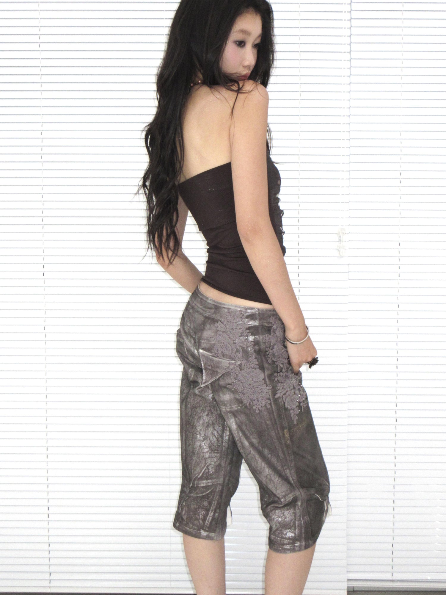 Update OPEN AESTHETIC Silver Crinkle Embroidered Denim Shorts
