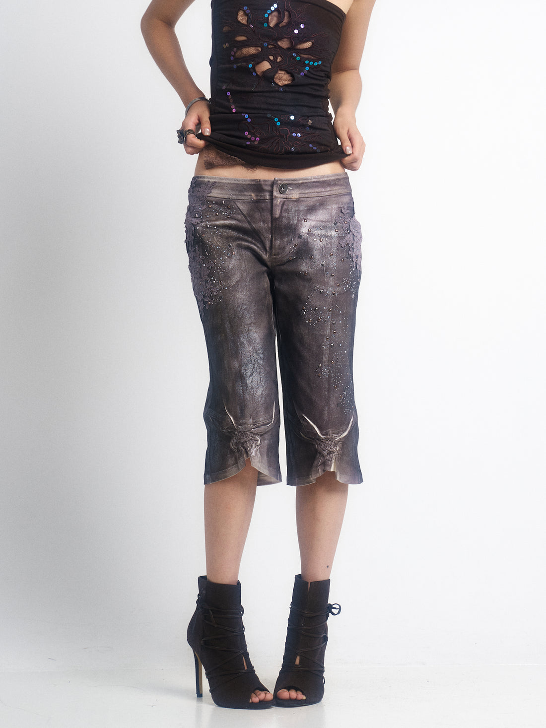 Update OPEN AESTHETIC Silver Crinkle Embroidered Denim Shorts