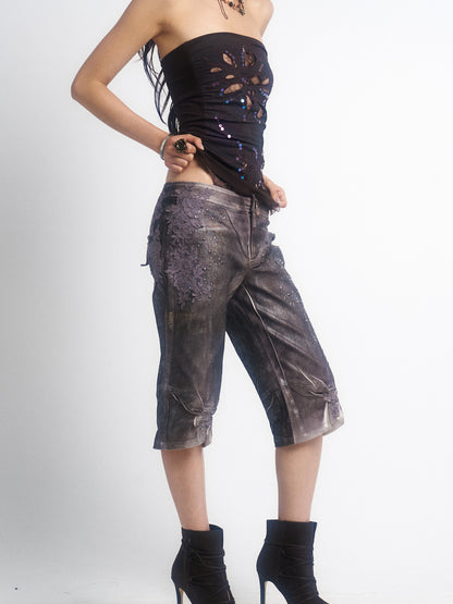 Update OPEN AESTHETIC Silver Crinkle Embroidered Denim Shorts