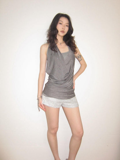OPEN AESTHETIC Silver Gray Shimmer Draped Plunge Slim Women&