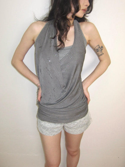 OPEN AESTHETIC Silver Gray Shimmer Draped Plunge Slim Women&