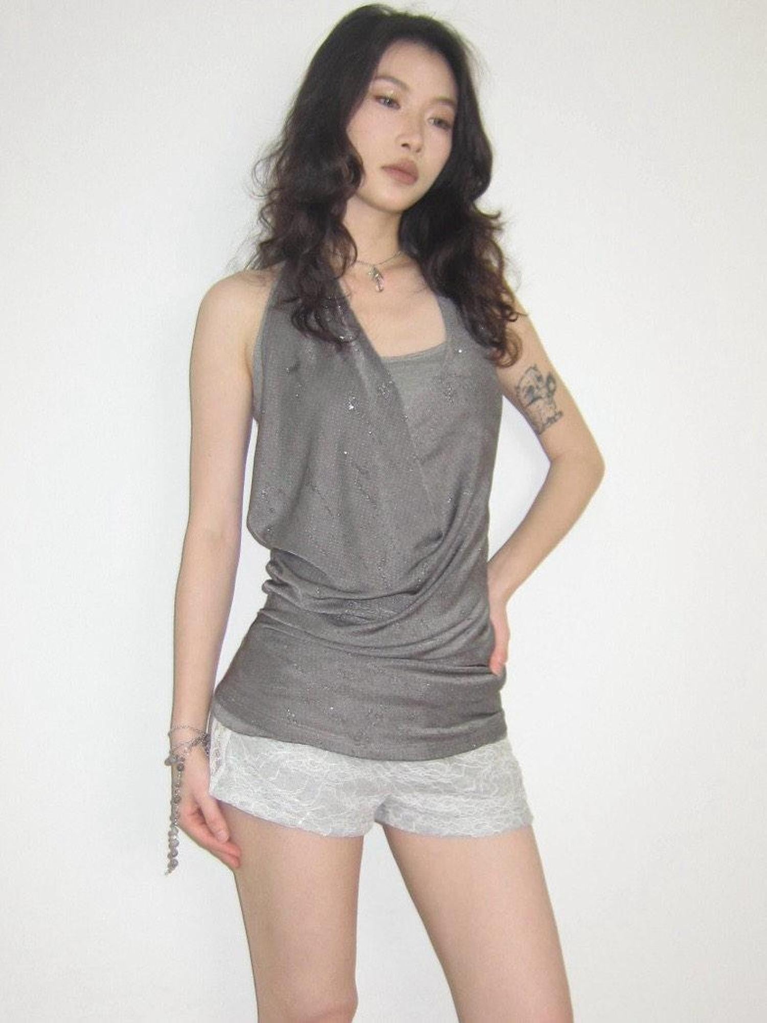 OPEN AESTHETIC Silver Gray Shimmer Draped Plunge Slim Women&