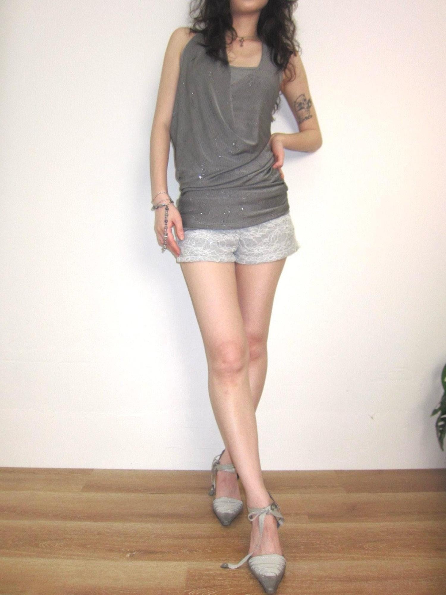 OPEN AESTHETIC Silver Gray Shimmer Draped Plunge Slim Women&