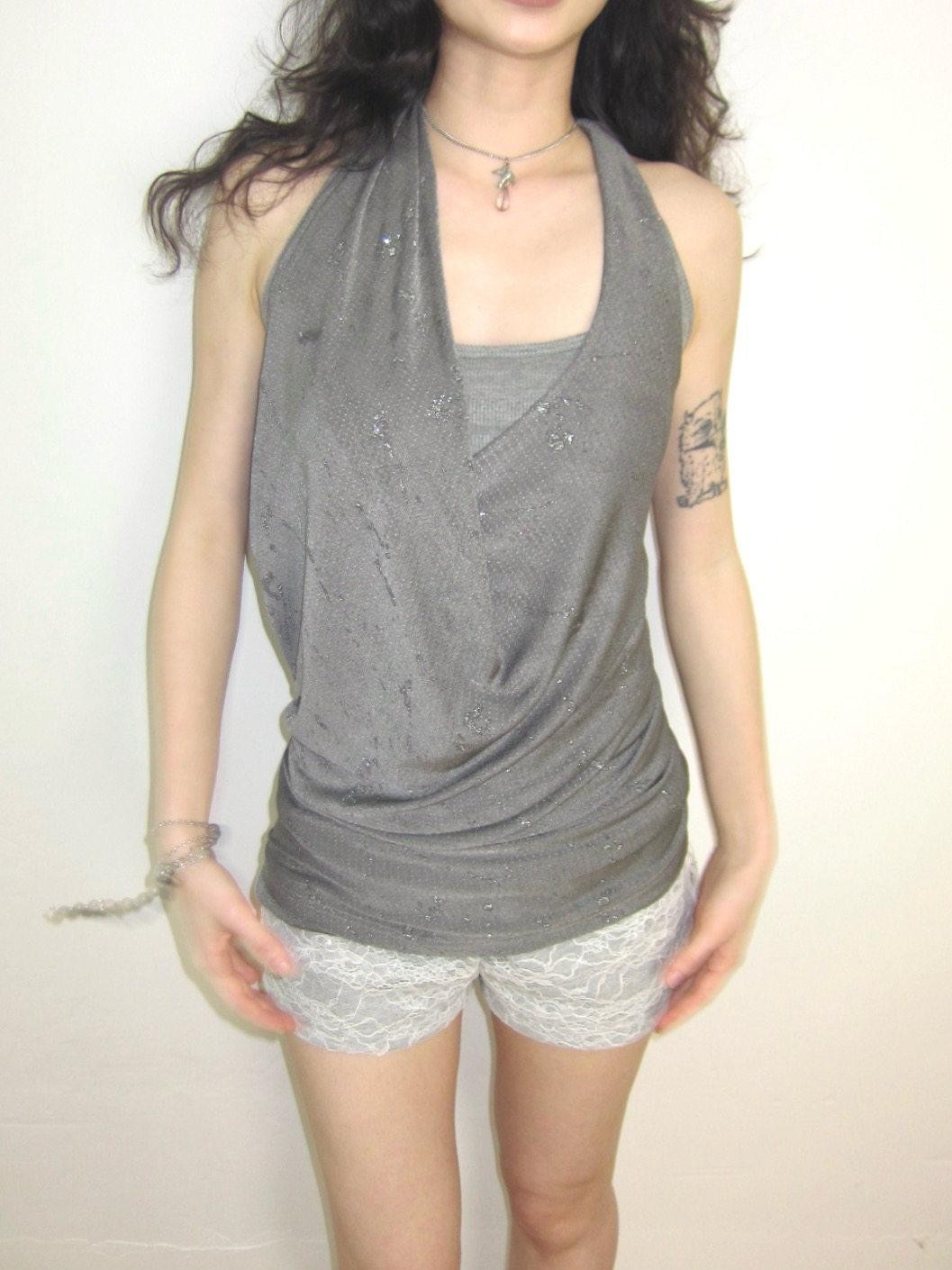 OPEN AESTHETIC Silver Gray Shimmer Draped Plunge Slim Women&