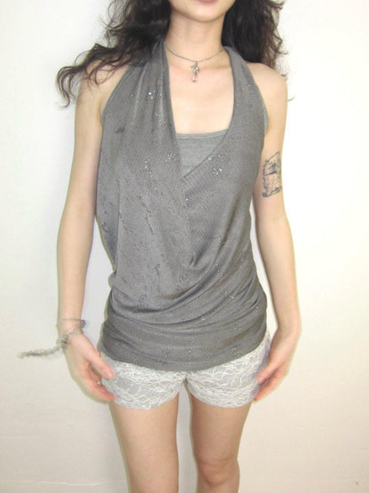 OPEN AESTHETIC Silver Gray Shimmer Draped Plunge Slim Women&