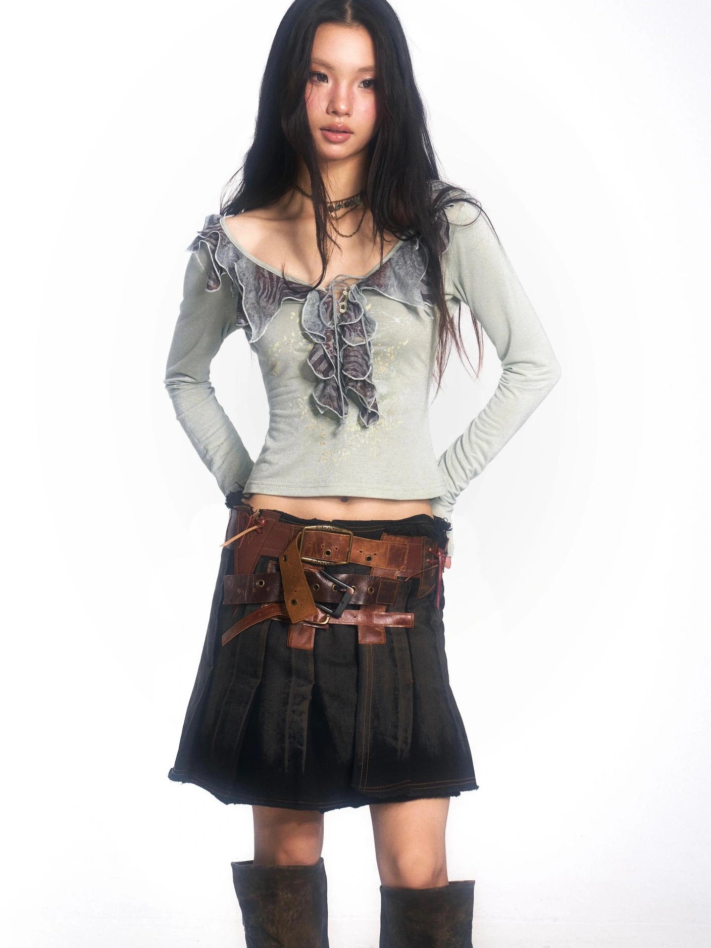 OPEN AESTHETIC Skin Friendly Breathable Cotton V Neck Long Sleeve Loose Light Green T-Shirt