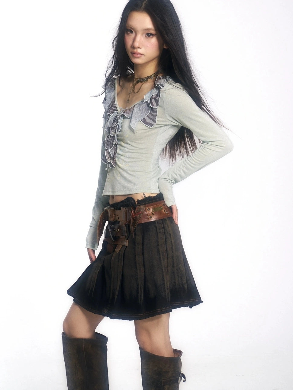 OPEN AESTHETIC Skin Friendly Breathable Cotton V Neck Long Sleeve Loose Light Green T-Shirt