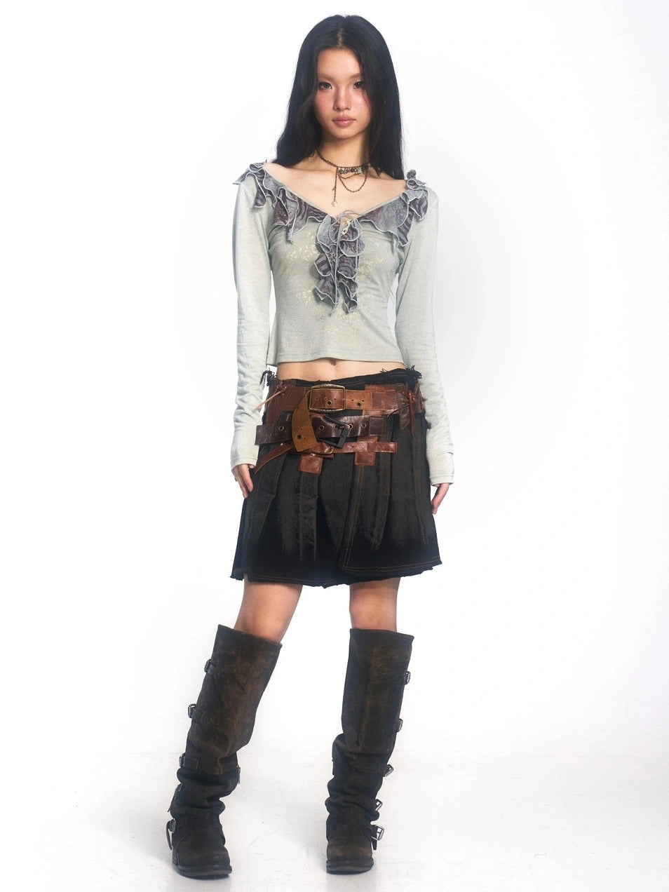 OPEN AESTHETIC Skin Friendly Breathable Cotton V Neck Long Sleeve Loose Light Green T-Shirt