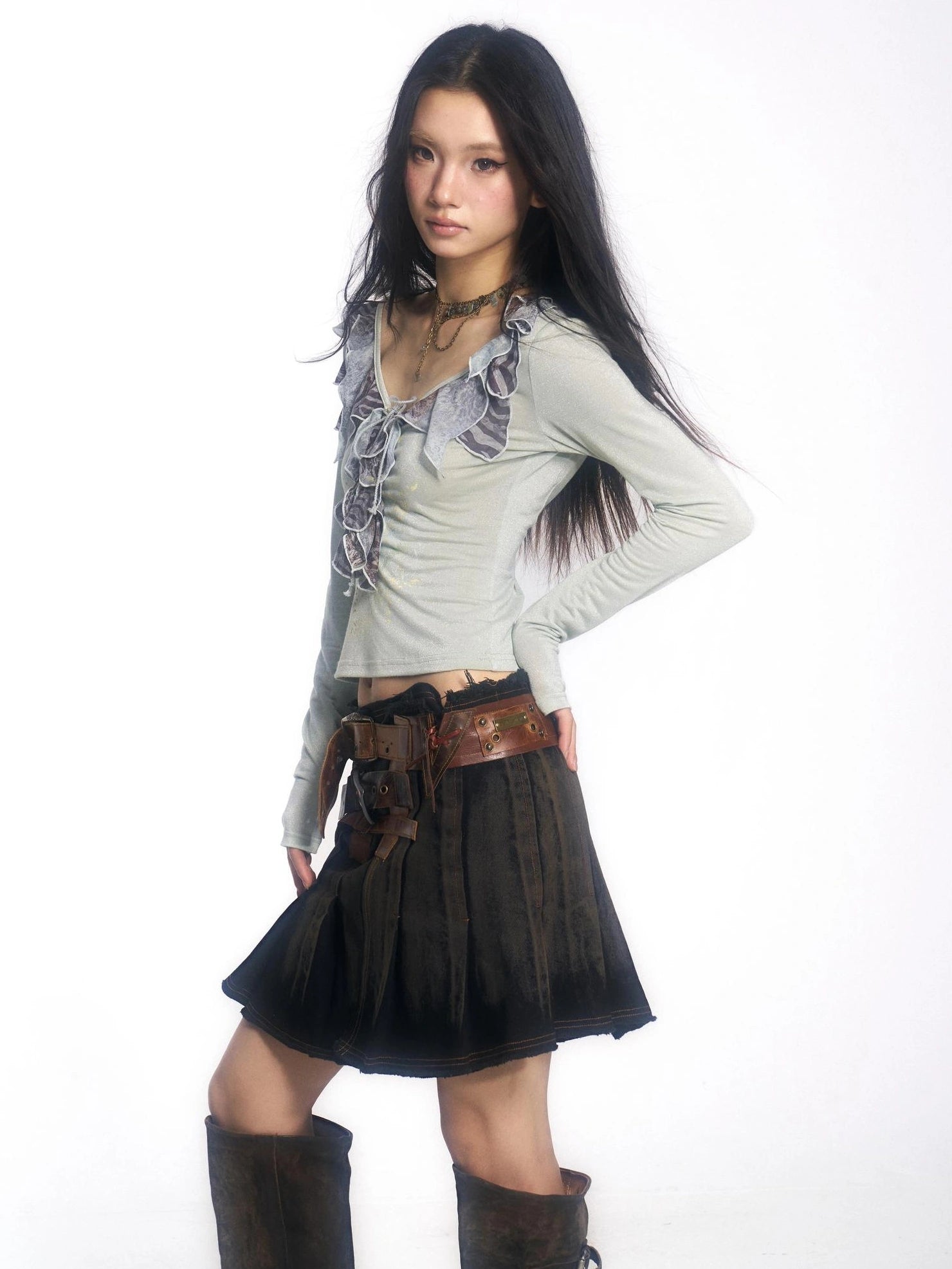 OPEN AESTHETIC Skin Friendly Breathable Cotton V Neck Long Sleeve Loose Light Green T-Shirt