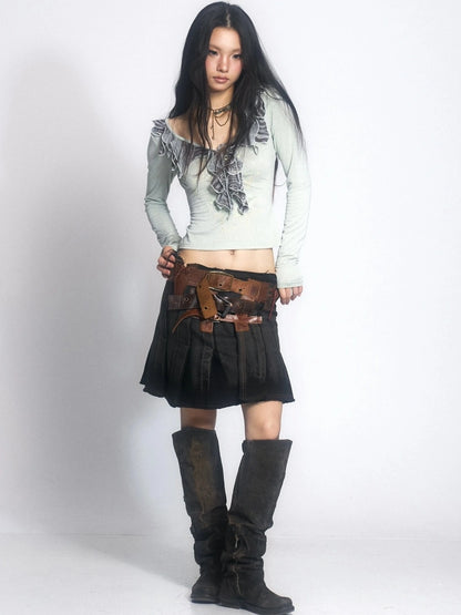 OPEN AESTHETIC Skin Friendly Breathable Cotton V Neck Long Sleeve Loose Light Green T-Shirt