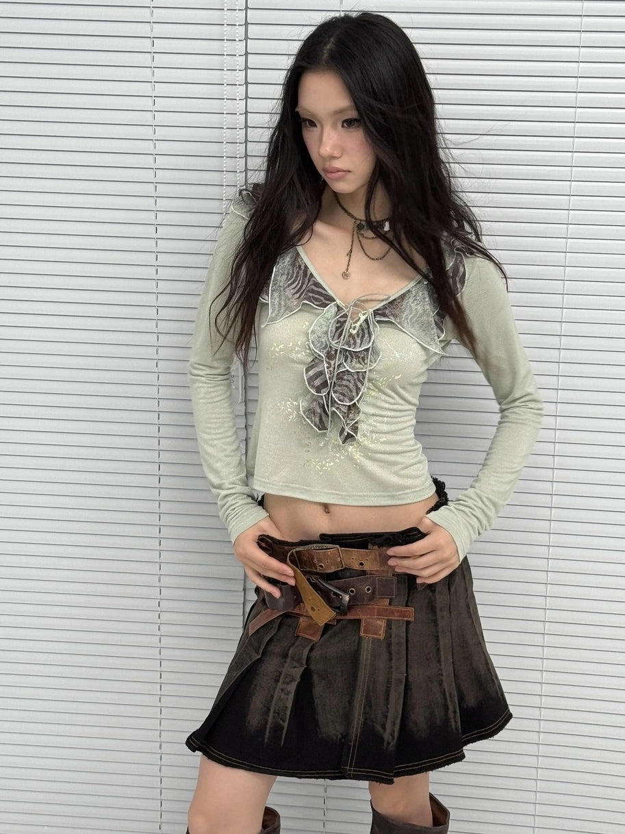 OPEN AESTHETIC Skin Friendly Breathable Cotton V Neck Long Sleeve Loose Light Green T-Shirt