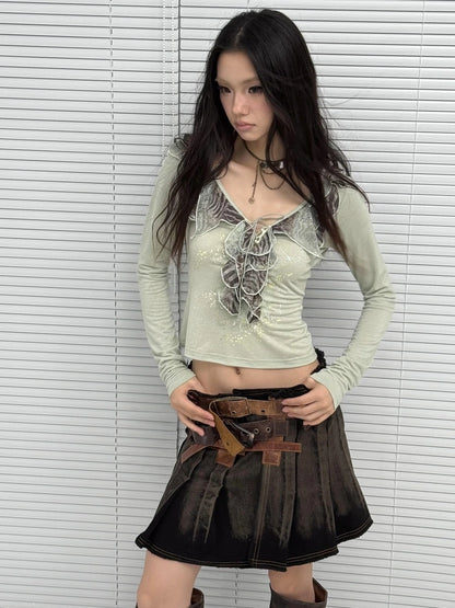 OPEN AESTHETIC Skin Friendly Breathable Cotton V Neck Long Sleeve Loose Light Green T-Shirt