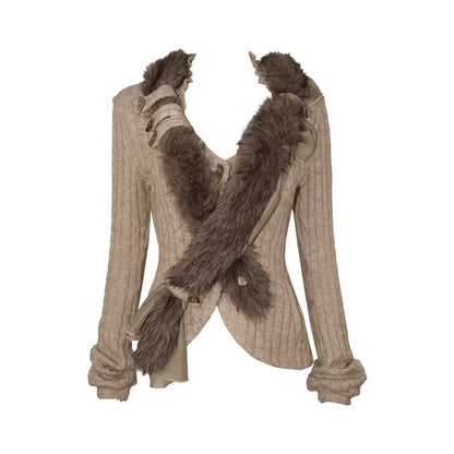 OPEN_AESTHETIC_Slim_Fit_Asymmetric_Crossover_Button_Cardigan_Knitted_Cotton_Women_Khaki_Sweater_MISSTT