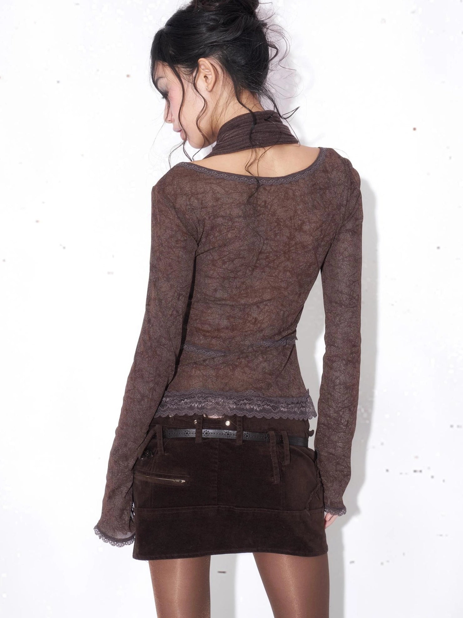 OPEN AESTHETIC Slim Fit Layered Look Patchwork Long Sleeve Women Sexy Polycotton Brown T-Shirt