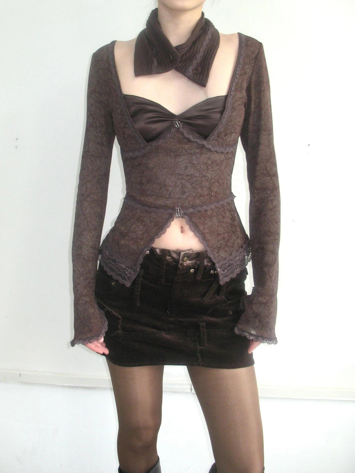 OPEN AESTHETIC Slim Fit Layered Look Patchwork Long Sleeve Women Sexy Polycotton Brown T-Shirt