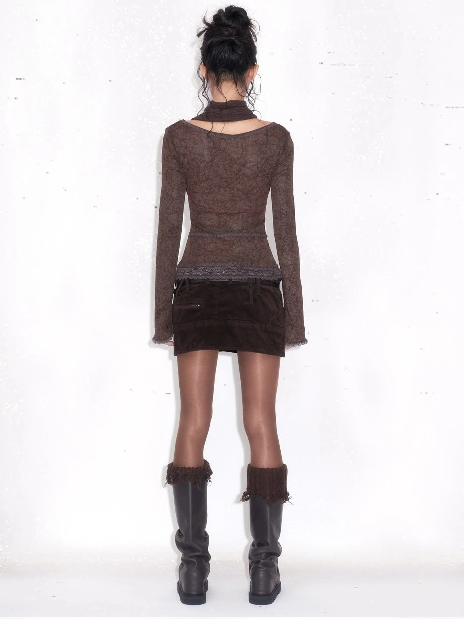 OPEN AESTHETIC Slim Fit Layered Look Patchwork Long Sleeve Women Sexy Polycotton Brown T-Shirt