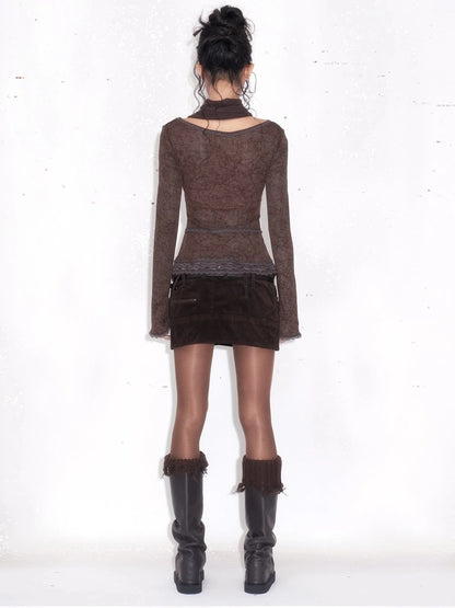 OPEN AESTHETIC Slim Fit Layered Look Patchwork Long Sleeve Women Sexy Polycotton Brown T-Shirt