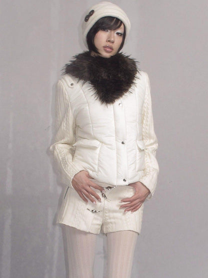 OPEN AESTHETIC Slim Minimalist Commuter Fur Collar Patchwork Short Cotton Jacket