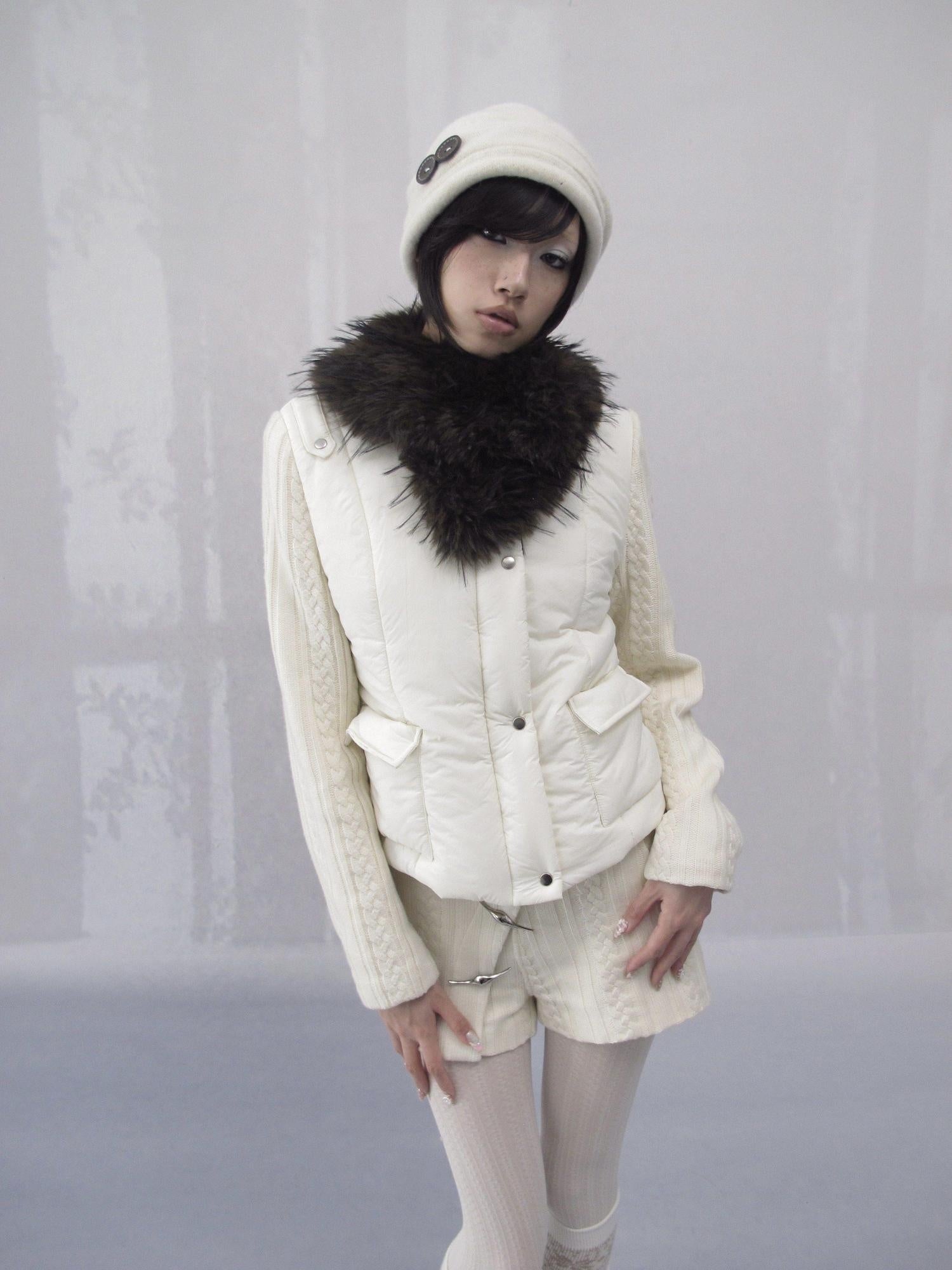 OPEN AESTHETIC Slim Minimalist Commuter Fur Collar Patchwork Short Cotton Jacket