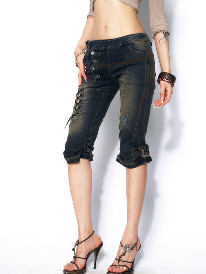 OPEN AESTHETIC Slimming Heavy Washed Tie Low Waist Women&