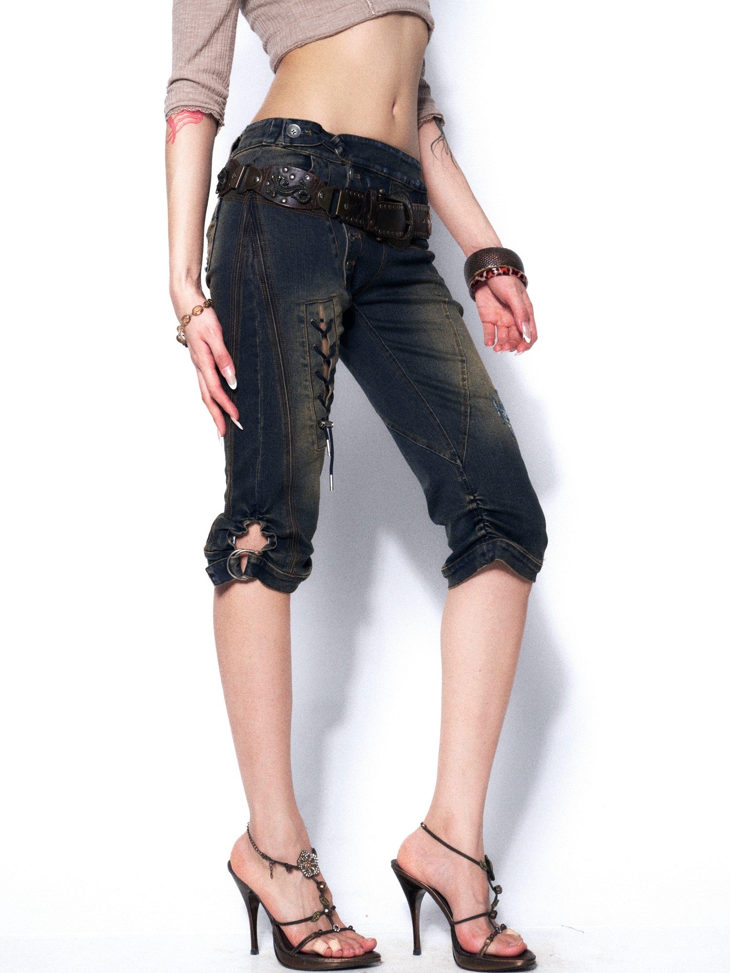 OPEN AESTHETIC Slimming Heavy Washed Tie Low Waist Women&