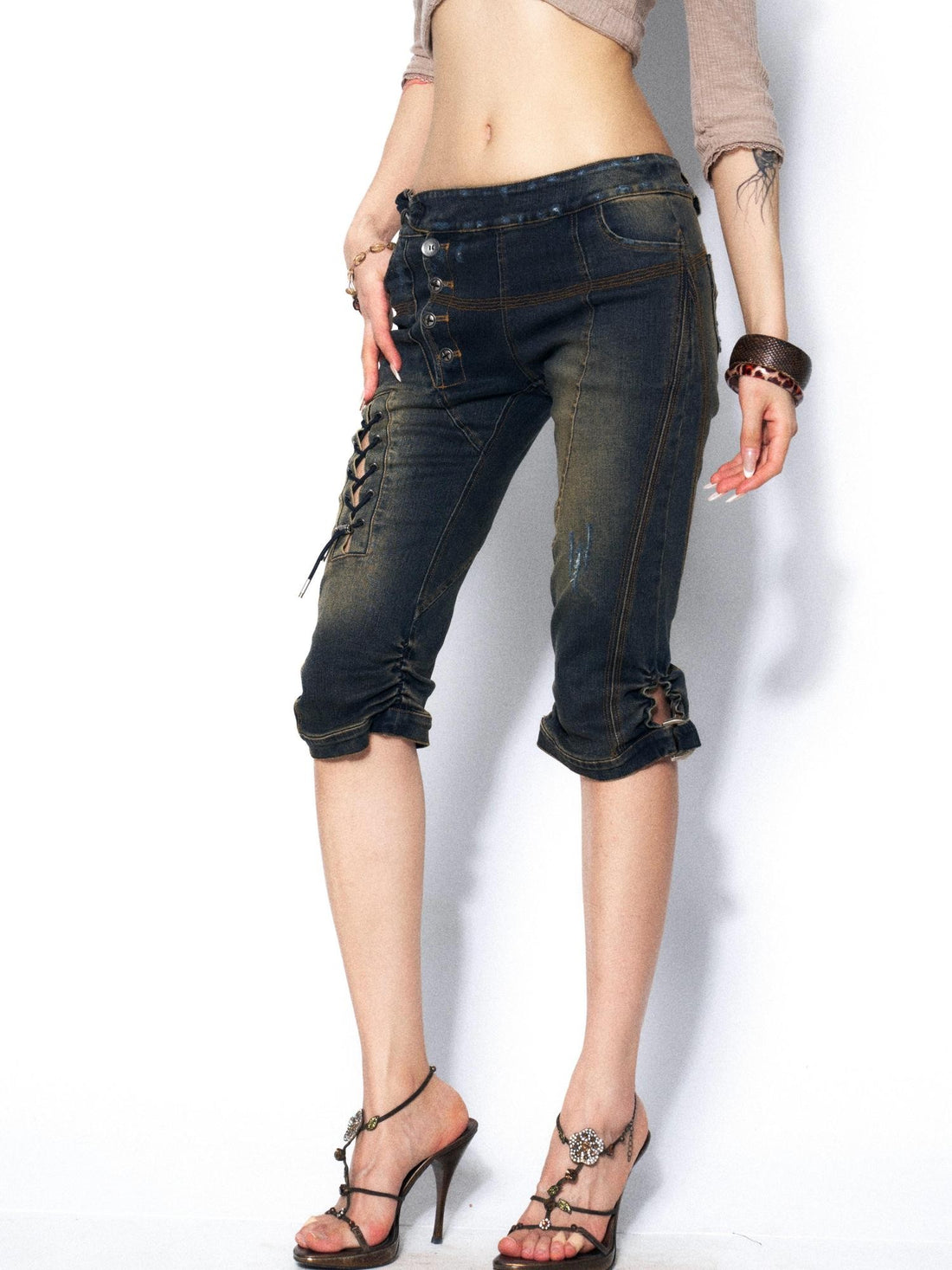 OPEN AESTHETIC Slimming Heavy Washed Tie Low Waist Women&