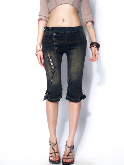 OPEN AESTHETIC Slimming Heavy Washed Tie Low Waist Women&