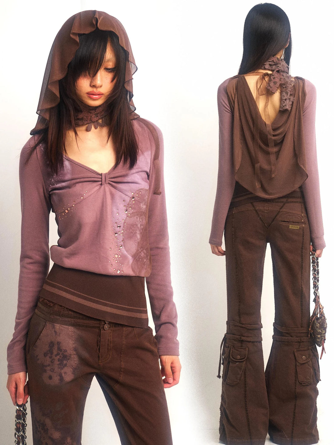 Stretch Knit Mesh Hooded Top With Floral Print And Rhinestones