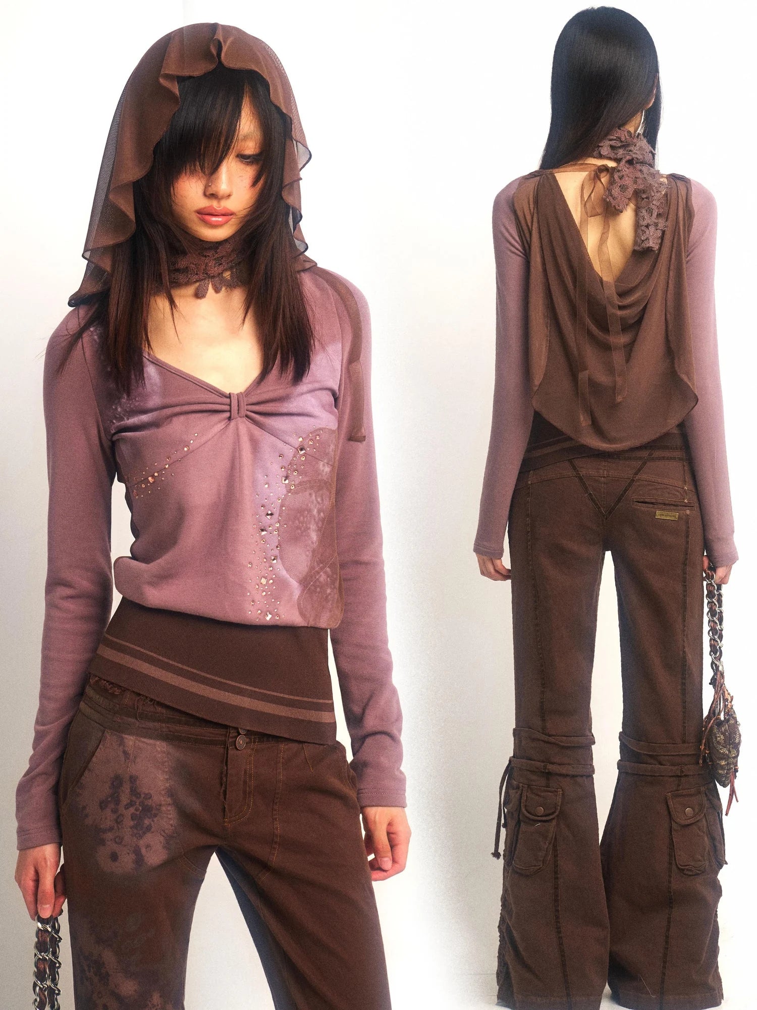 Stretch Knit Mesh Hooded Top With Floral Print And Rhinestones